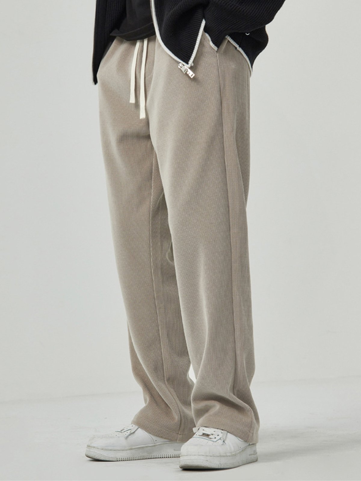 Fleece-Lined Corduroy Straight Drawstring Pants-Zittor