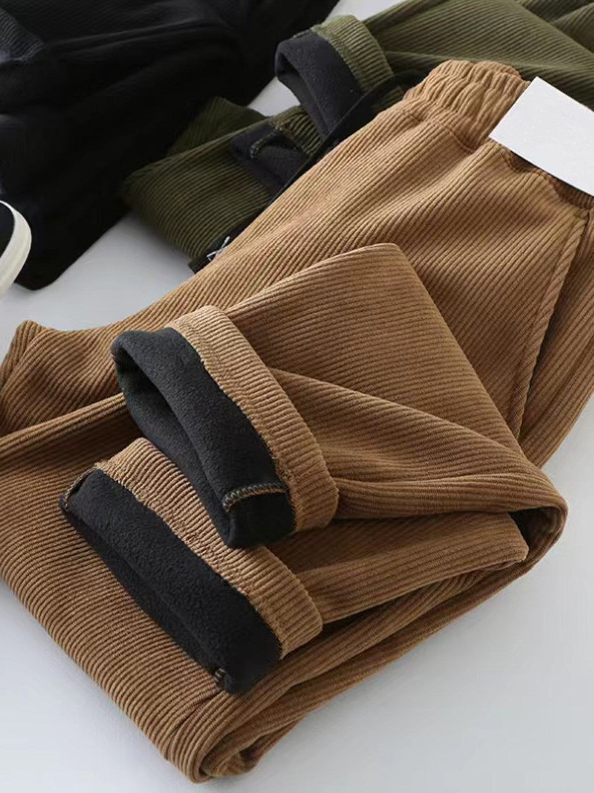 Corduroy Fleece-Lined Elastic Waist Straight Pants-Zittor