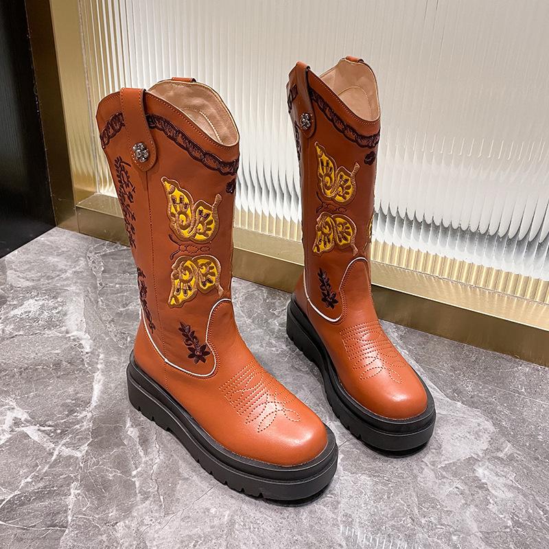 Women's Embroidered Butterfly Western Cowboy Knee High Boots