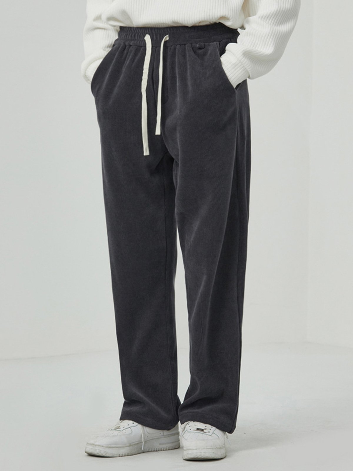Fleece-Lined Corduroy Straight Drawstring Pants-Zittor