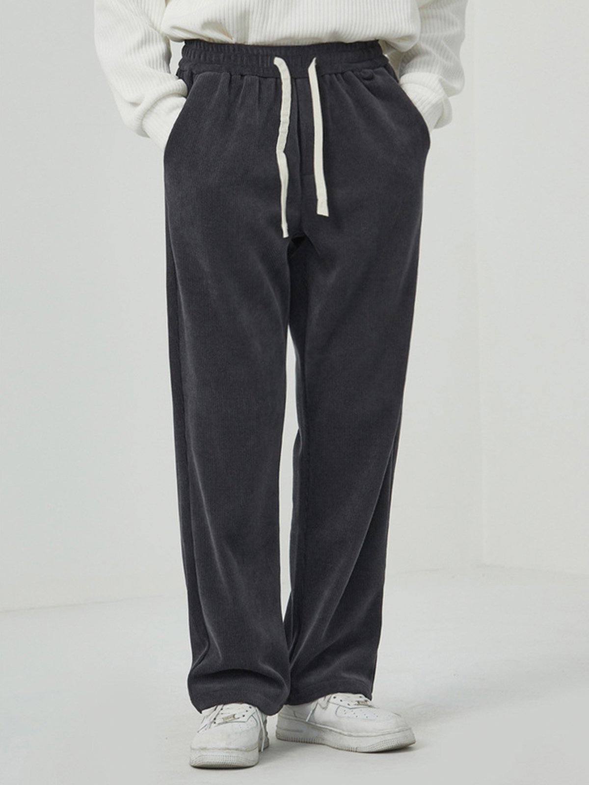 Fleece-Lined Corduroy Straight Drawstring Pants-Zittor