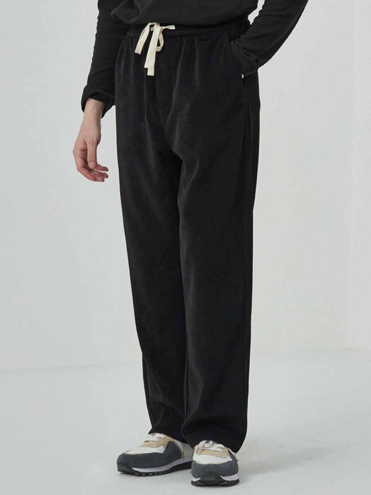 Fleece-Lined Corduroy Straight Drawstring Pants-Zittor