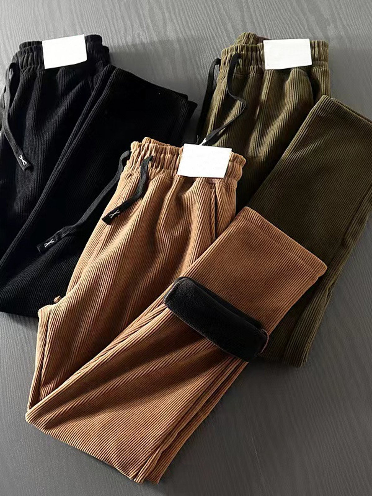 Corduroy Fleece-Lined Elastic Waist Straight Pants-Zittor