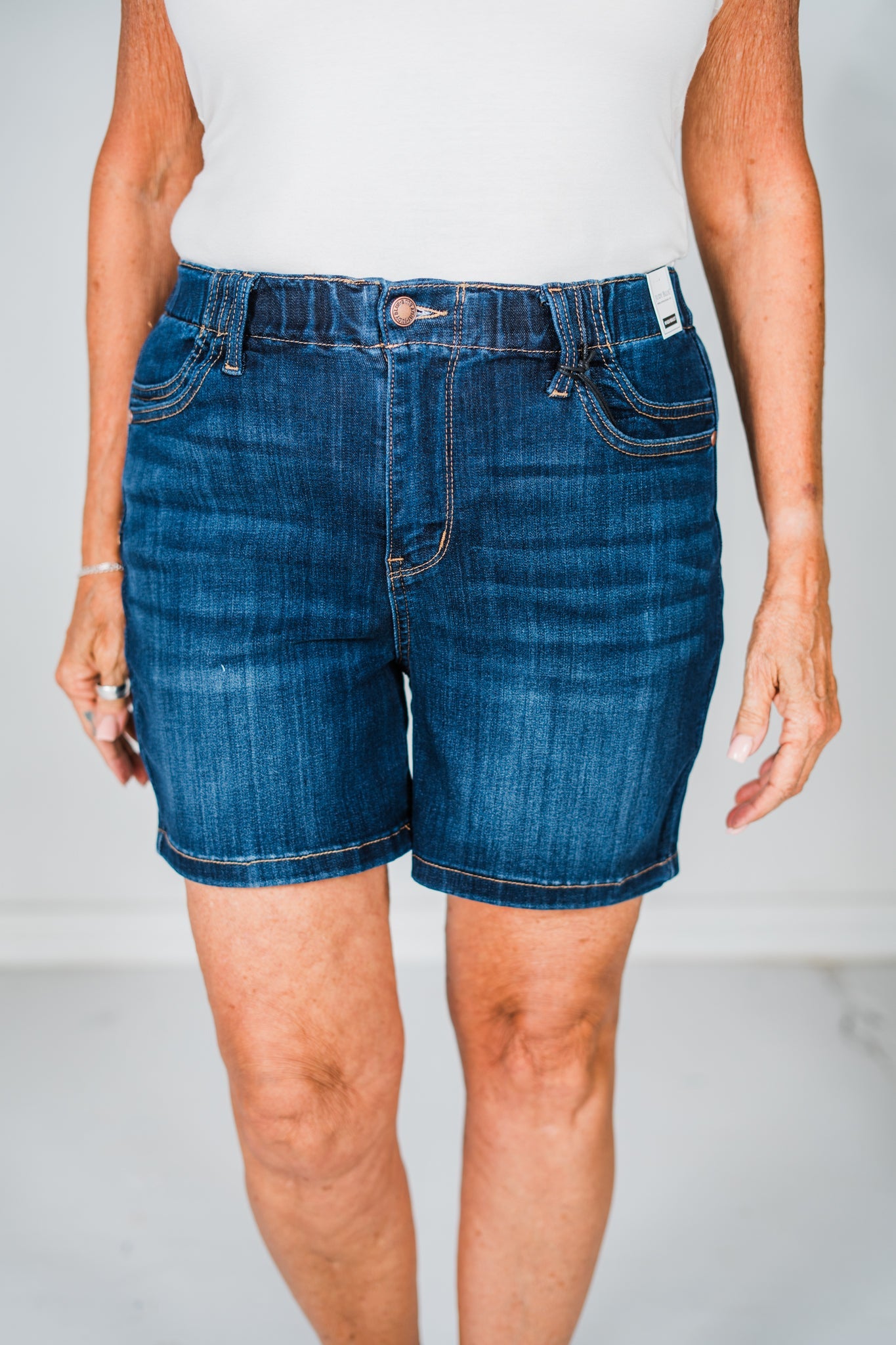 Dark Wash Elastic Waist Mid Length Shorts