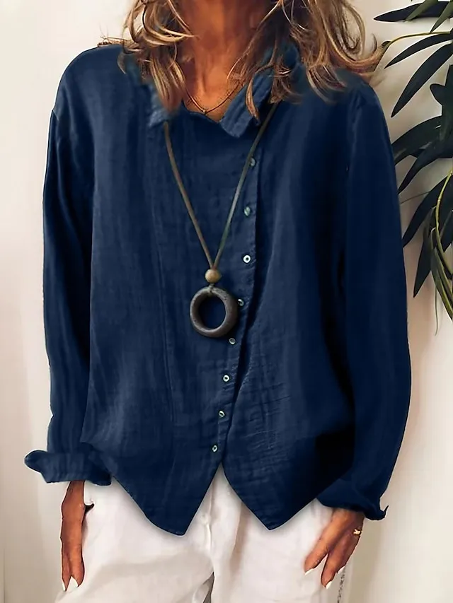 WOMEN'S CASUAL SHIRT SOLID COLOR LOOSE BUTTON LONG SLEEVES