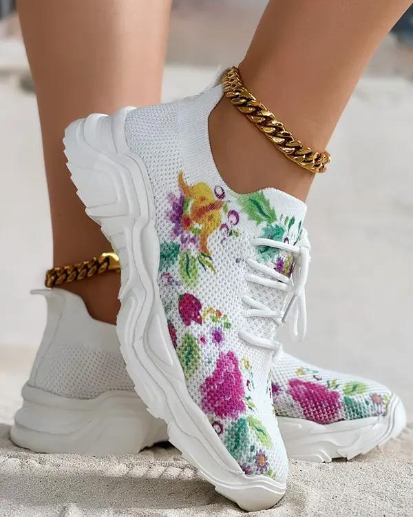 Floral Grapes Print Lace-up Breathable Sports Sneakers