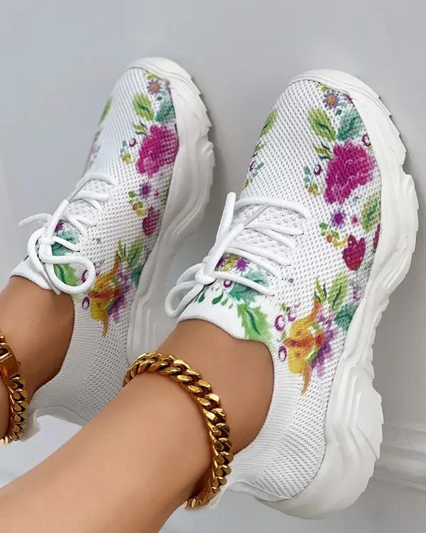 Floral Grapes Print Lace-up Breathable Sports Sneakers