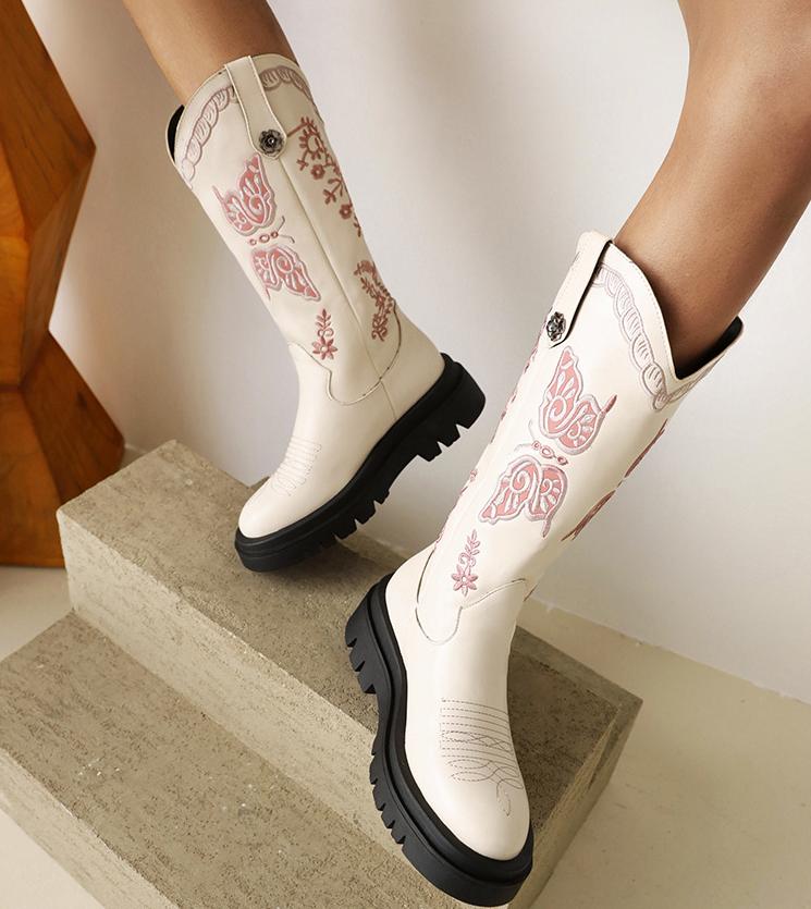 Women's Embroidered Butterfly Western Cowboy Knee High Boots