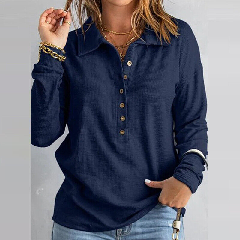 Womens Long Sleeve Knitted Jumper Tops Ladies Casual Baggy Plain Button T Shirt