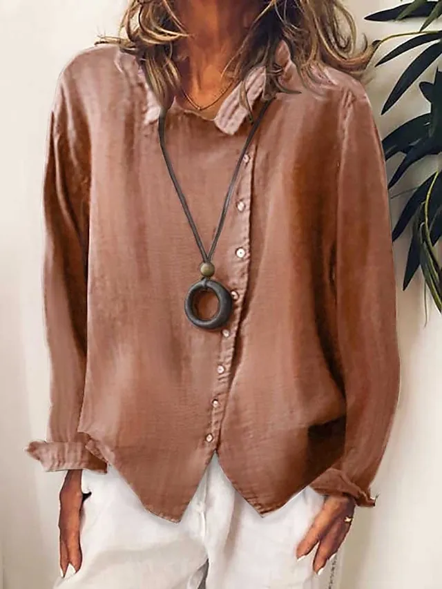 WOMEN'S CASUAL SHIRT SOLID COLOR LOOSE BUTTON LONG SLEEVES