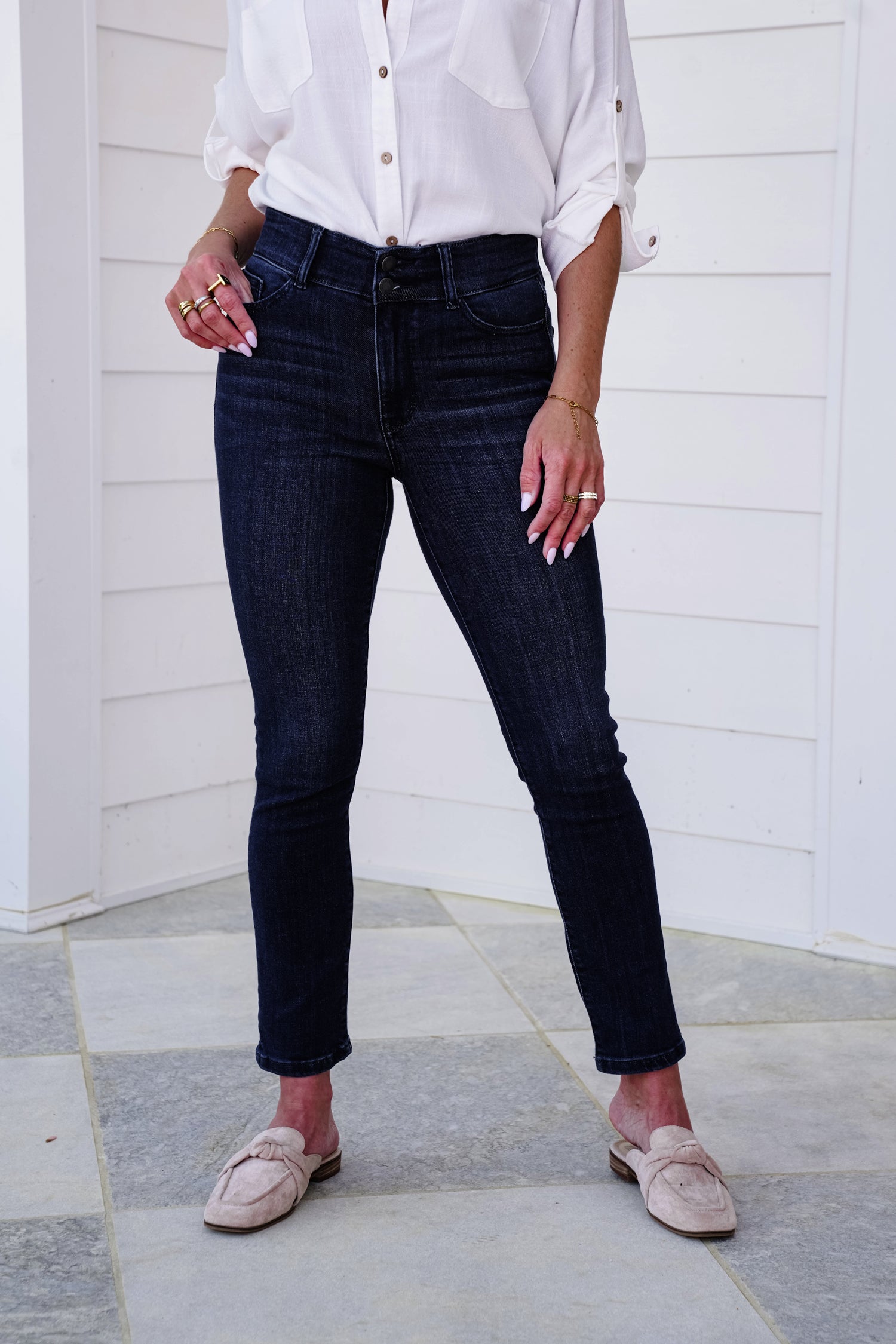 High Rise Dark Wash Double Waist Band Capri