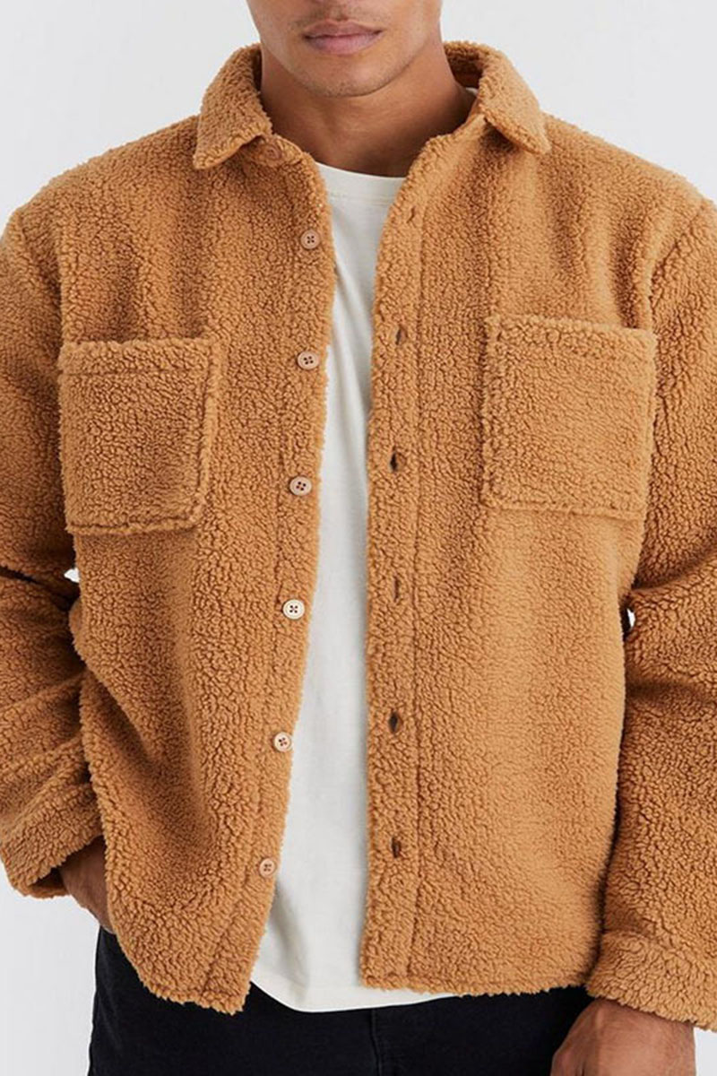 Turndown Collar Pockets Button Up Long Sleeve Solid Plush Jacket