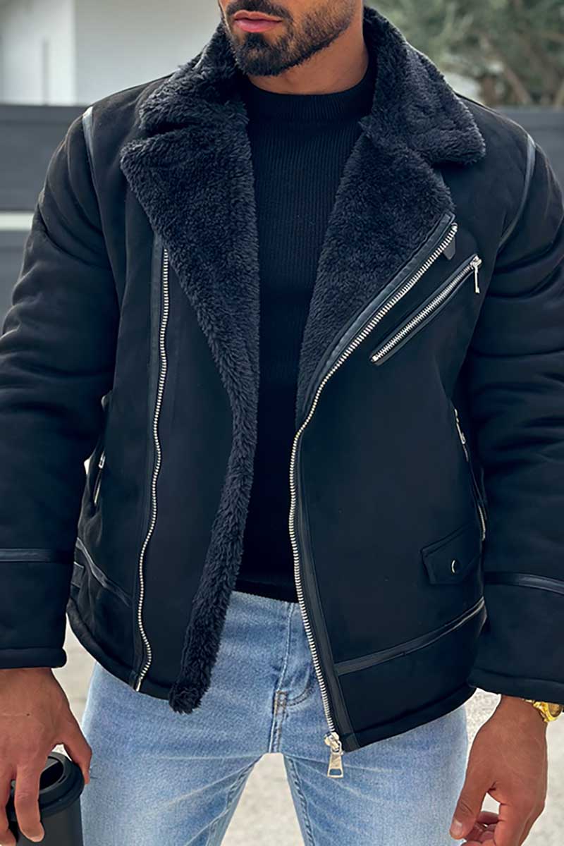 Fuzzy Lined Turndown Collar Long Sleeve Zipper Jacket-Black [Pre Order]