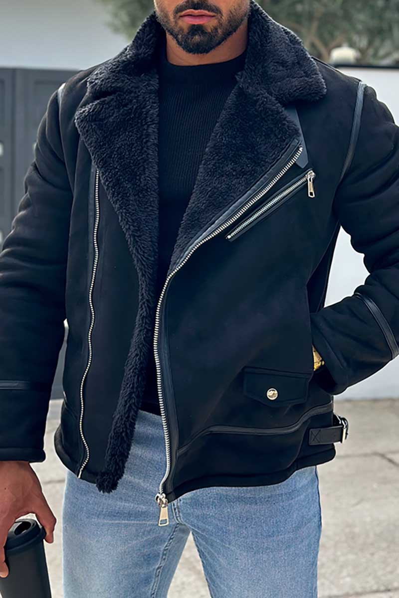 Fuzzy Lined Turndown Collar Long Sleeve Zipper Jacket-Black [Pre Order]