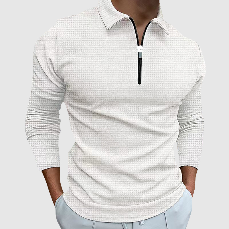 Daily Waffle Zipper Long Sleeve Slim Solid Color Polo Shirt