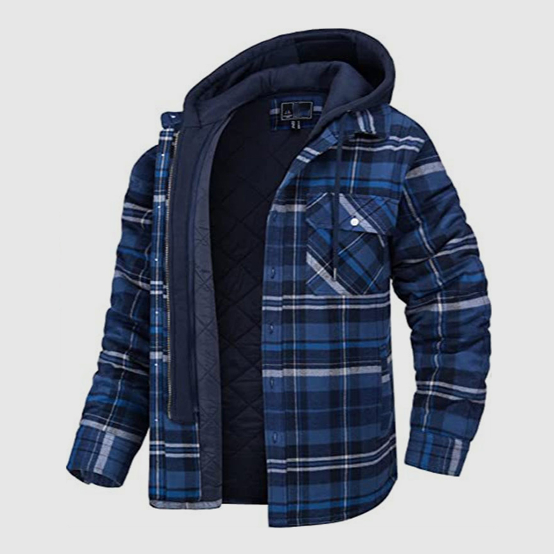 Daily Plaid Drawstring Removable Hooded Long Sleeve Shacket