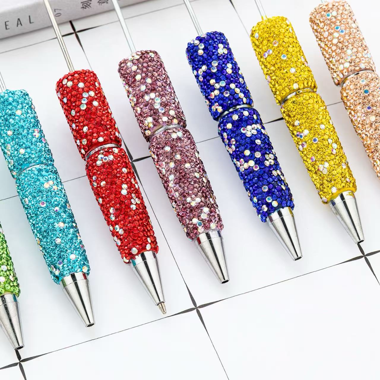 DIY Full Rhinestone Beaded Pen, Handcrafted AB Crystal Rhinestone Ballpoint Pen, Multi‑Color Plastic Bead Ballpoint Pens