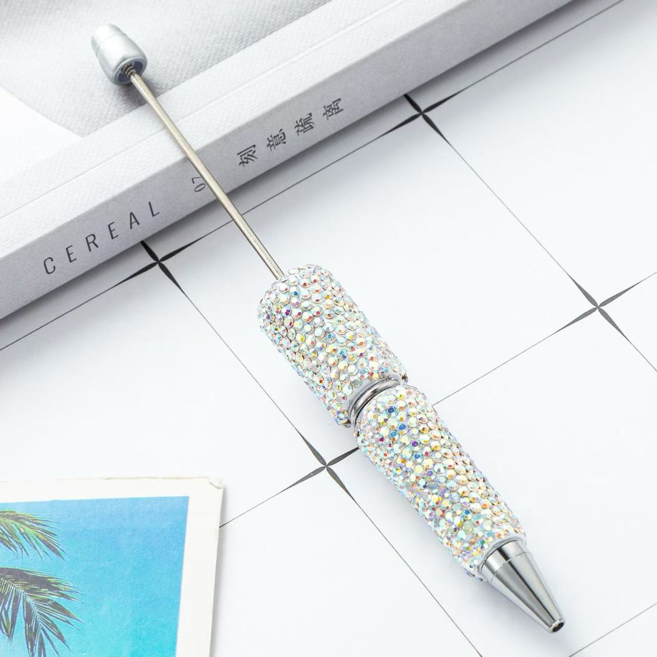 Creative DIY Full Crushed Rhinestone Beaded Ballpoint Pens, Hand Inlaid Crystal Twist Pens, Multicolor Plastic Bead Writing Pens