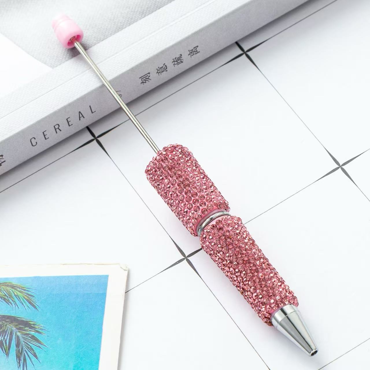 Creative DIY Full Crushed Rhinestone Beaded Ballpoint Pens, Hand Inlaid Crystal Twist Pens, Multicolor Plastic Bead Writing Pens