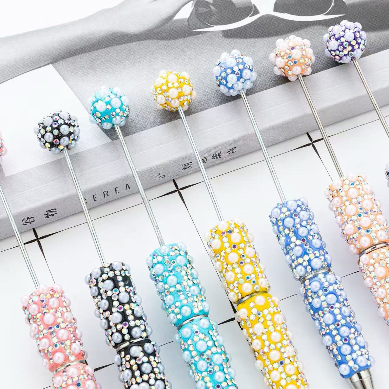 New DIY Full Rhinestone & Pearl Beaded Ballpoint Pens, Handmade Rhinestone Pearl Inlaid Multi‑color Plastic Bead Writing Pens