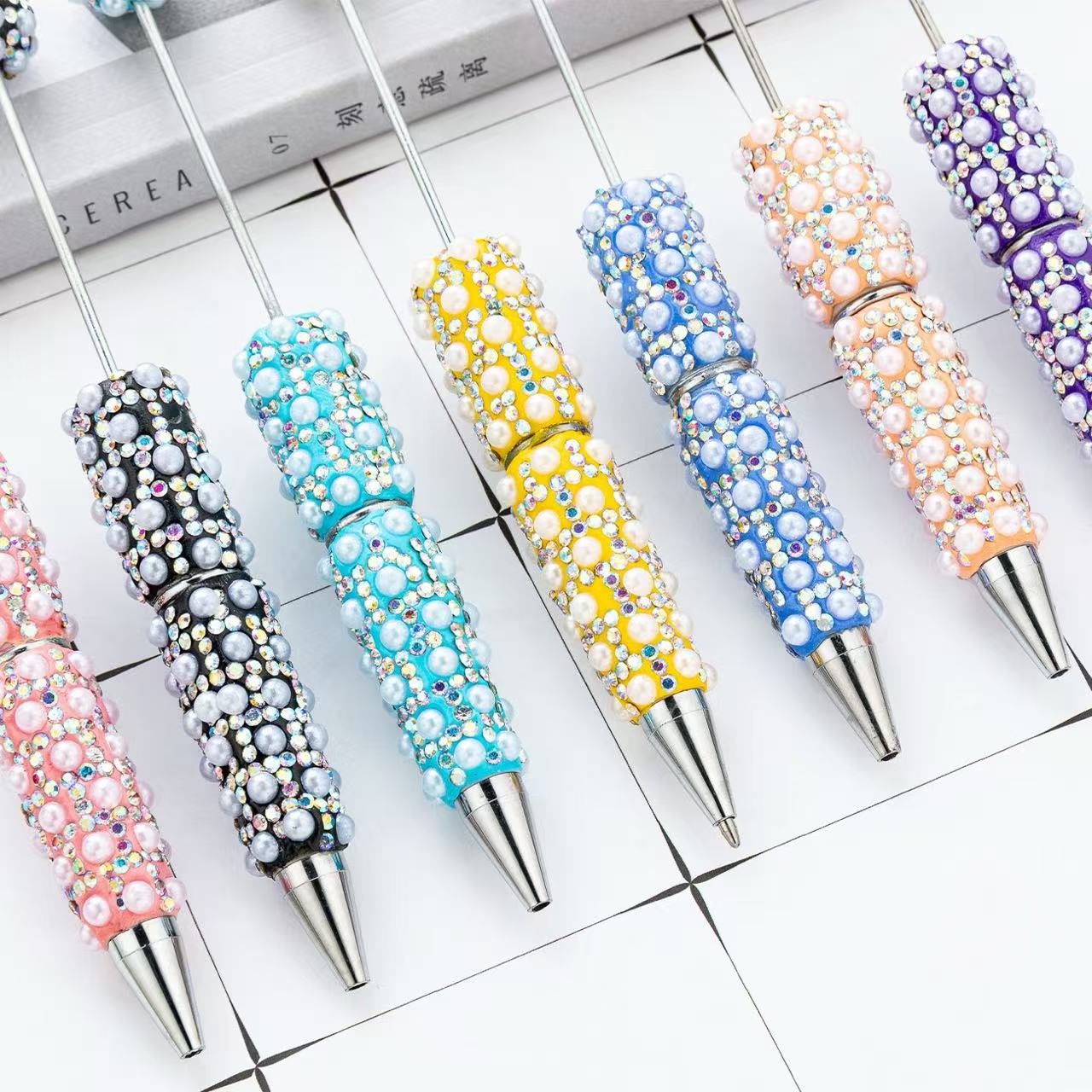 New DIY Full Rhinestone & Pearl Beaded Ballpoint Pens, Handmade Rhinestone Pearl Inlaid Multi‑color Plastic Bead Writing Pens