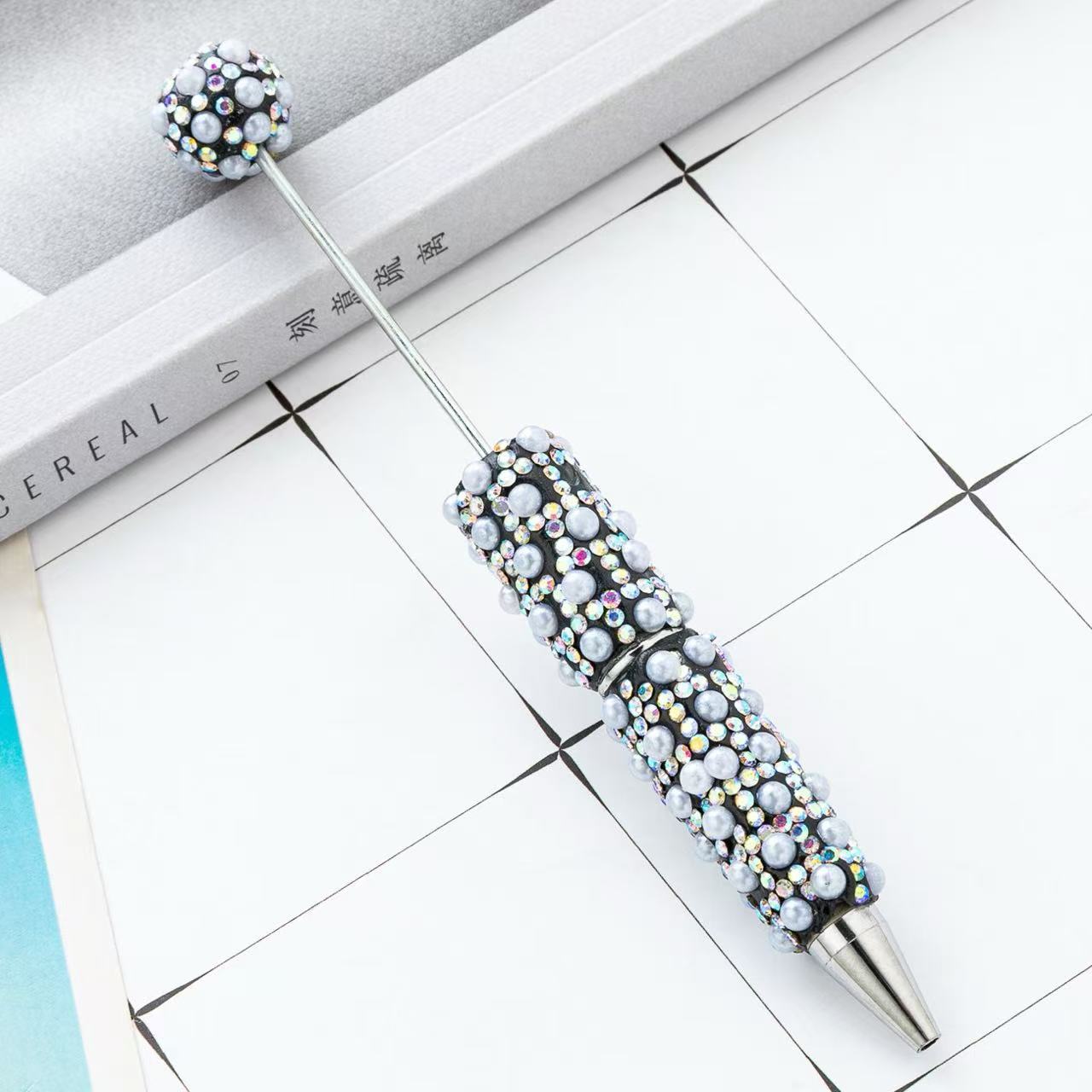 New DIY Full Rhinestone & Pearl Beaded Ballpoint Pens, Handmade Rhinestone Pearl Inlaid Multi‑color Plastic Bead Writing Pens