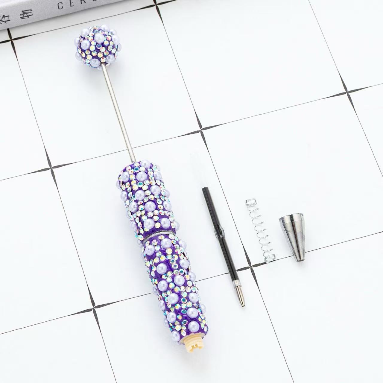 New DIY Full Rhinestone & Pearl Beaded Ballpoint Pens, Handmade Rhinestone Pearl Inlaid Multi‑color Plastic Bead Writing Pens