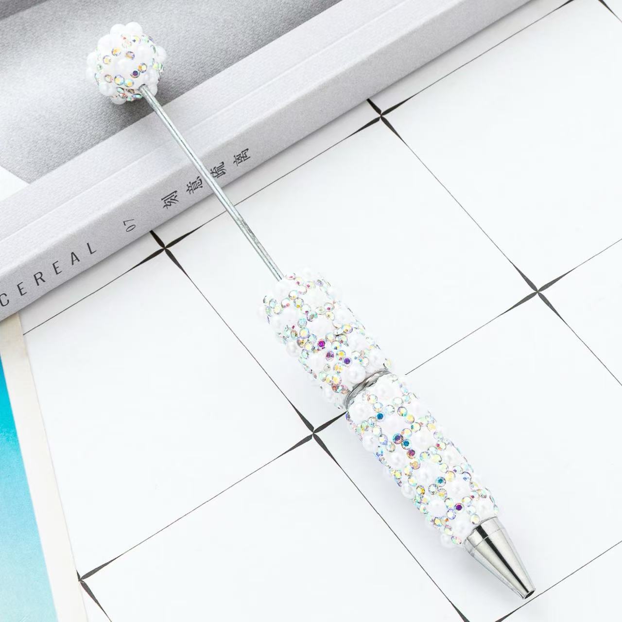 New DIY Full Rhinestone & Pearl Beaded Ballpoint Pens, Handmade Rhinestone Pearl Inlaid Multi‑color Plastic Bead Writing Pens