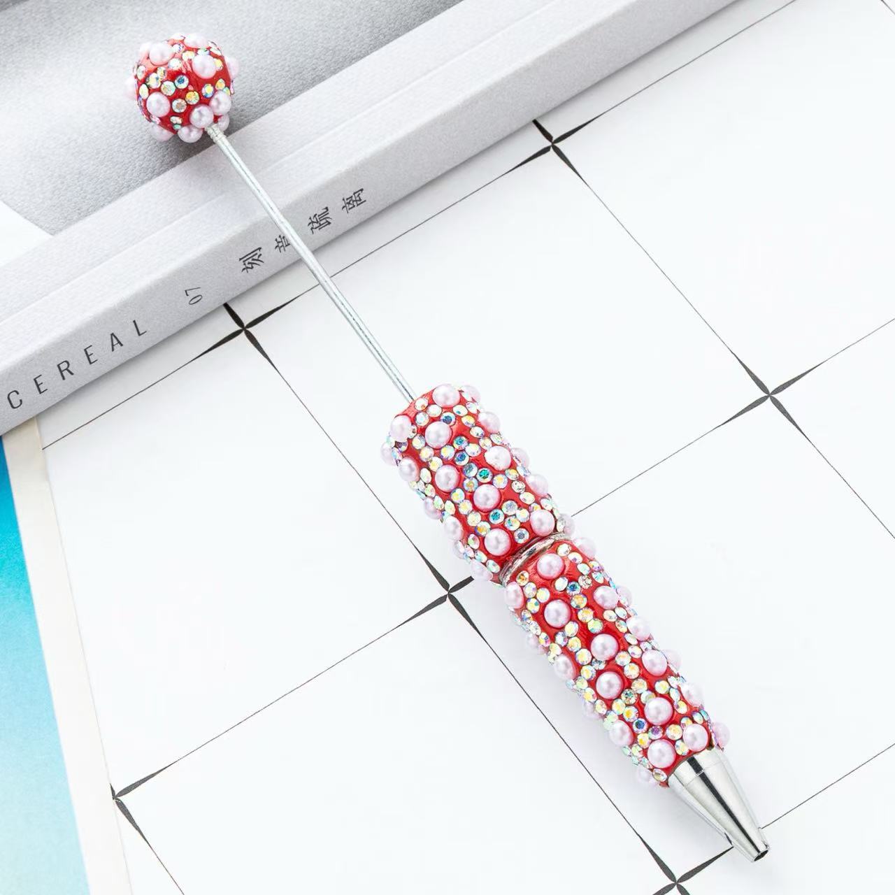 New DIY Full Rhinestone & Pearl Beaded Ballpoint Pens, Handmade Rhinestone Pearl Inlaid Multi‑color Plastic Bead Writing Pens