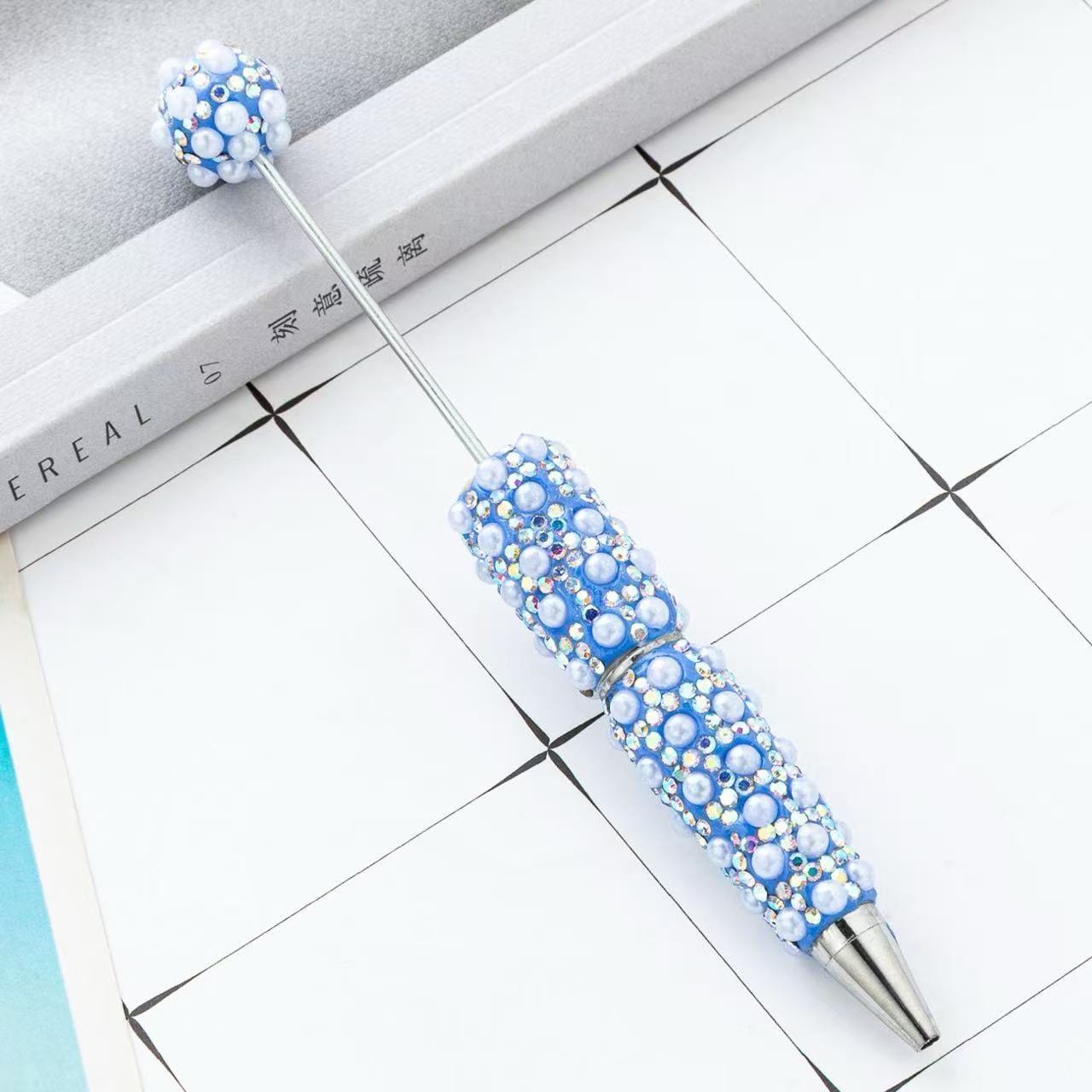 New DIY Full Rhinestone & Pearl Beaded Ballpoint Pens, Handmade Rhinestone Pearl Inlaid Multi‑color Plastic Bead Writing Pens