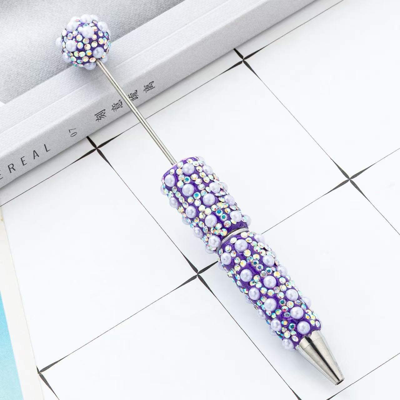 New DIY Full Rhinestone & Pearl Beaded Ballpoint Pens, Handmade Rhinestone Pearl Inlaid Multi‑color Plastic Bead Writing Pens