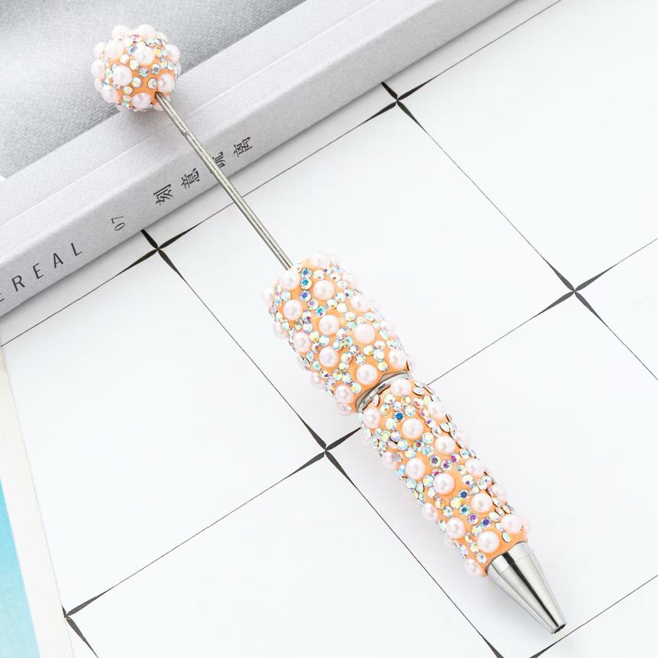New DIY Full Rhinestone & Pearl Beaded Ballpoint Pens, Handmade Rhinestone Pearl Inlaid Multi‑color Plastic Bead Writing Pens