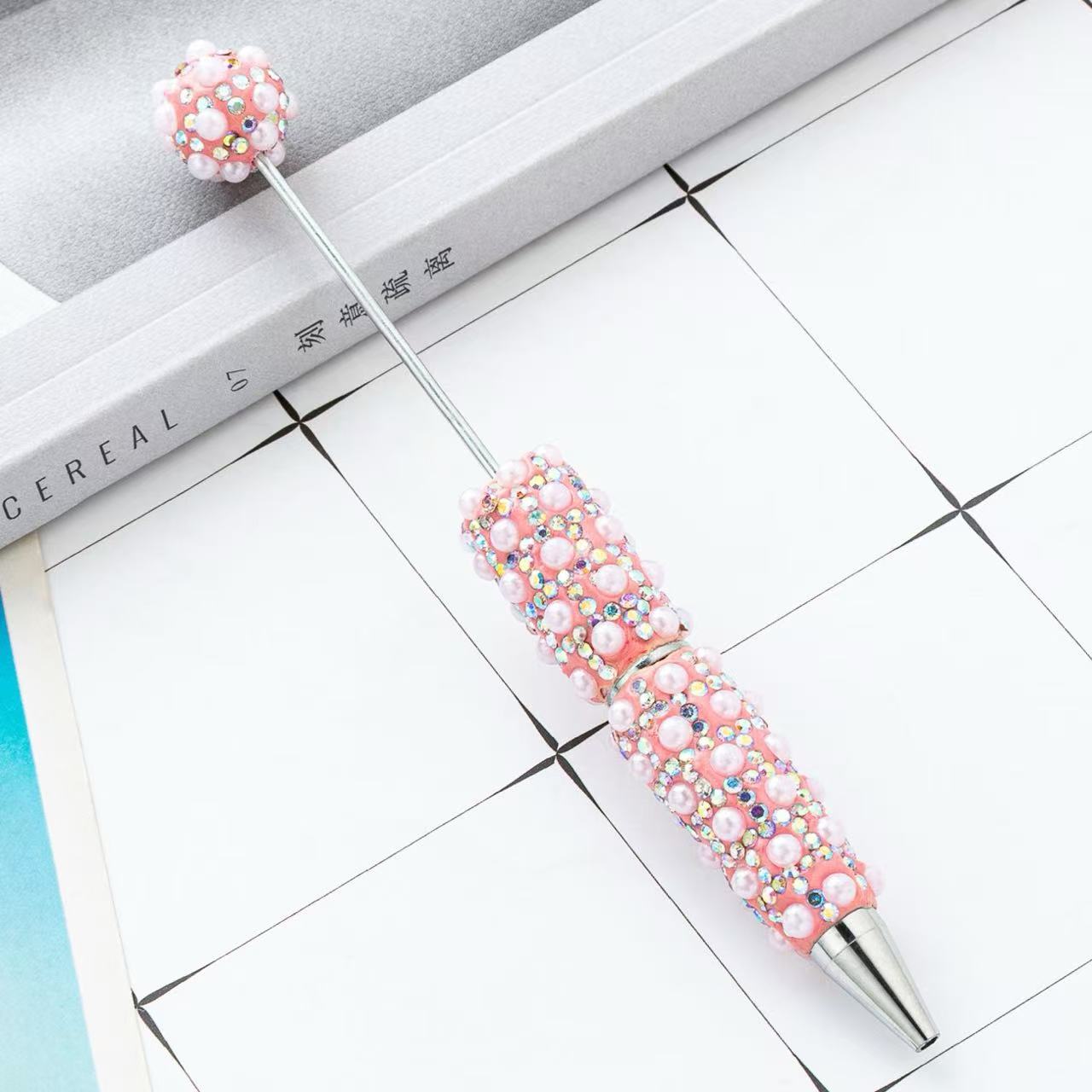 New DIY Full Rhinestone & Pearl Beaded Ballpoint Pens, Handmade Rhinestone Pearl Inlaid Multi‑color Plastic Bead Writing Pens