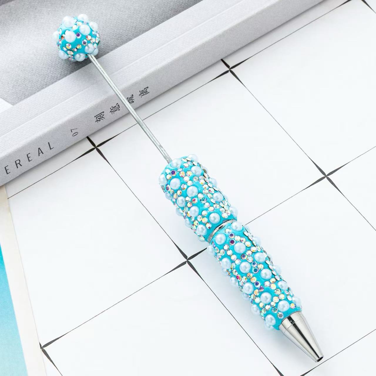 New DIY Full Rhinestone & Pearl Beaded Ballpoint Pens, Handmade Rhinestone Pearl Inlaid Multi‑color Plastic Bead Writing Pens