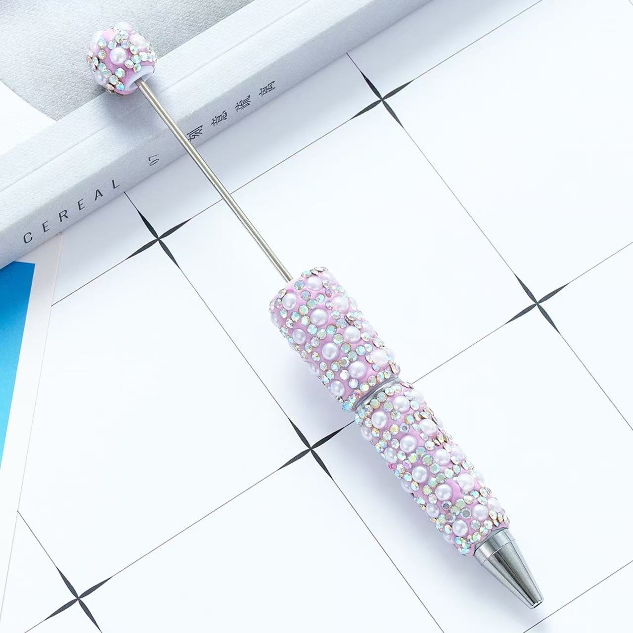 New DIY Full Rhinestone & Pearl Beaded Ballpoint Pens, Handmade Rhinestone Pearl Inlaid Multi‑color Plastic Bead Writing Pens