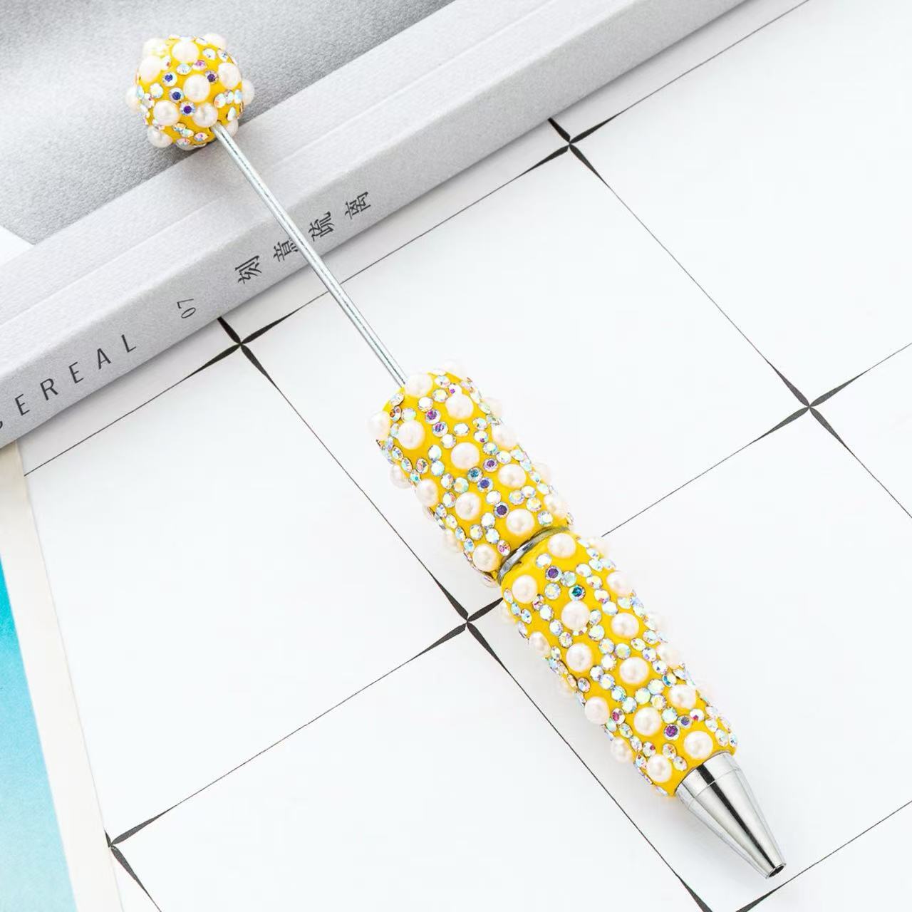 New DIY Full Rhinestone & Pearl Beaded Ballpoint Pens, Handmade Rhinestone Pearl Inlaid Multi‑color Plastic Bead Writing Pens