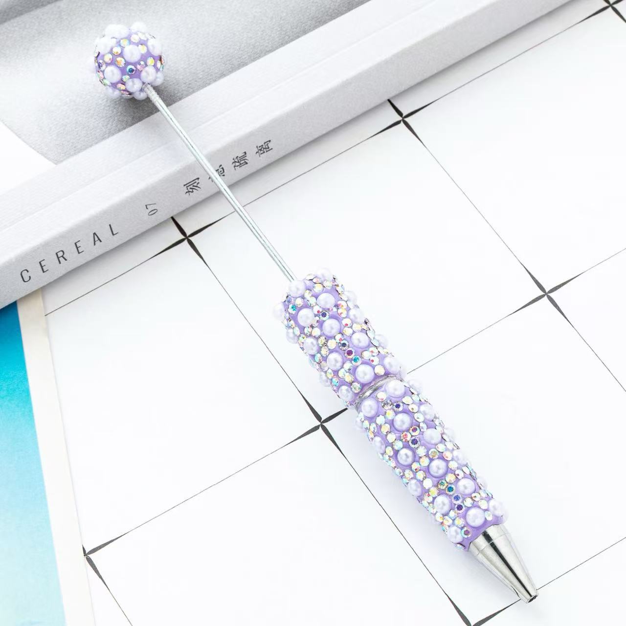 New DIY Full Rhinestone & Pearl Beaded Ballpoint Pens, Handmade Rhinestone Pearl Inlaid Multi‑color Plastic Bead Writing Pens
