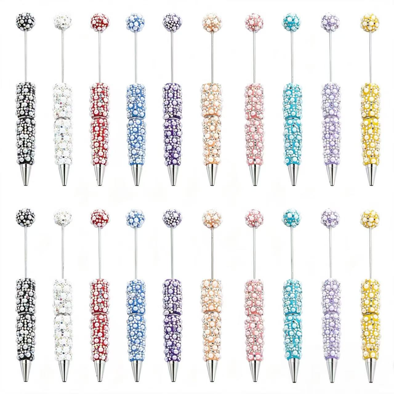 New DIY Full Rhinestone & Pearl Beaded Ballpoint Pens, Handmade Rhinestone Pearl Inlaid Multi‑color Plastic Bead Writing Pens
