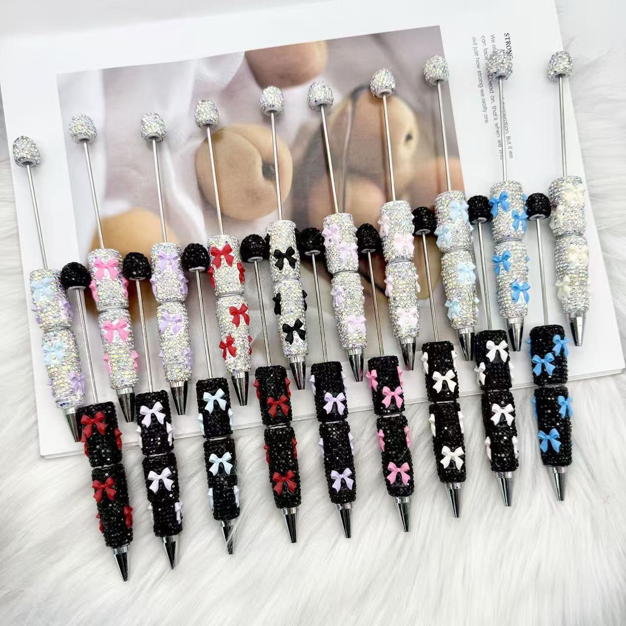 Valentine's Day Bowknot Full Rhinestone Beaded Pens, Creative DIY Multicolor Bow Ballpoint Pens