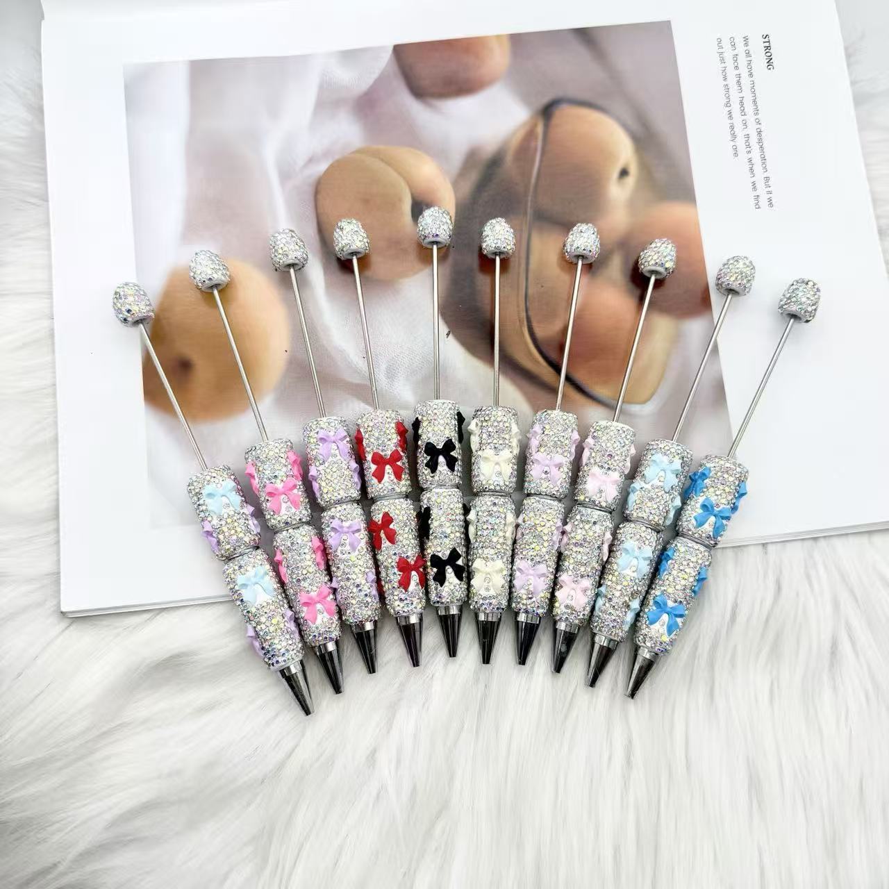 Valentine's Day Bowknot Full Rhinestone Beaded Pens, Creative DIY Multicolor Bow Ballpoint Pens