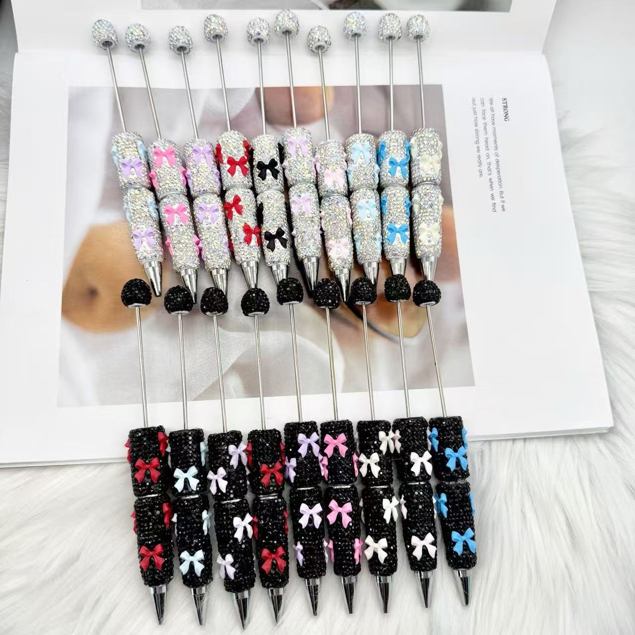 Valentine's Day Bowknot Full Rhinestone Beaded Pens, Creative DIY Multicolor Bow Ballpoint Pens