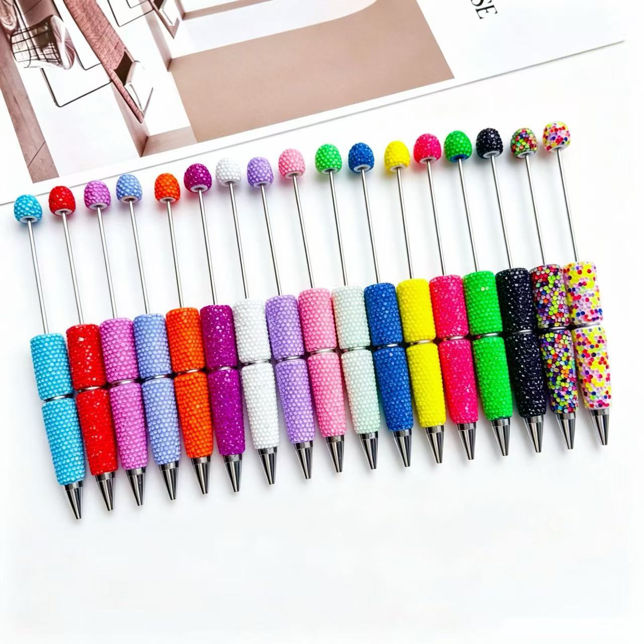 New Candy-Colored Full Rhinestone Beaded Pens, Customizable DIY Mini Bead Pens, Neon Crystal Ballpoint Pens