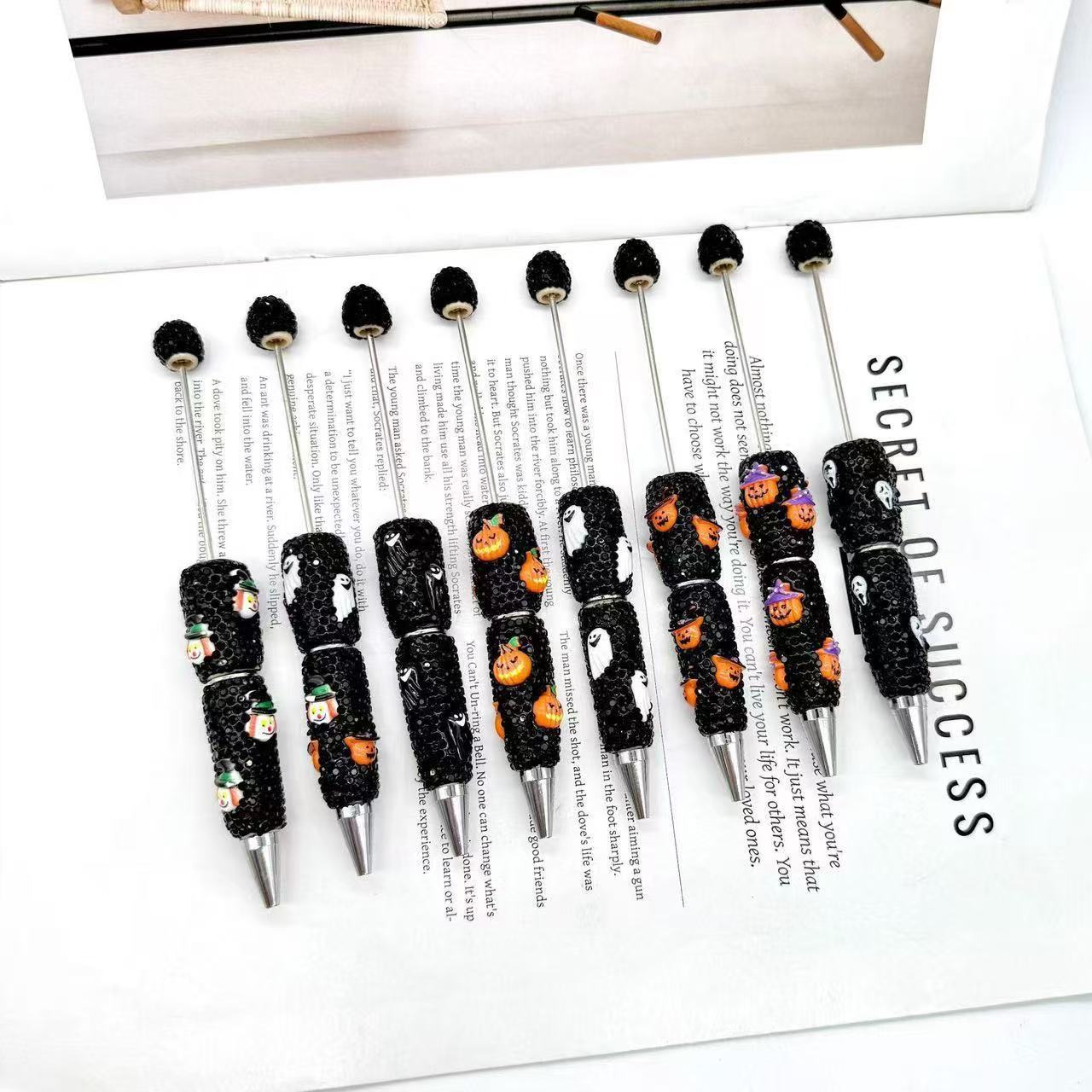 New DIY Halloween Full Rhinestone Beaded Pens, Trending International Market Mini Bead Pens, Evil Pumpkin Design Ballpoint / Gel Pens