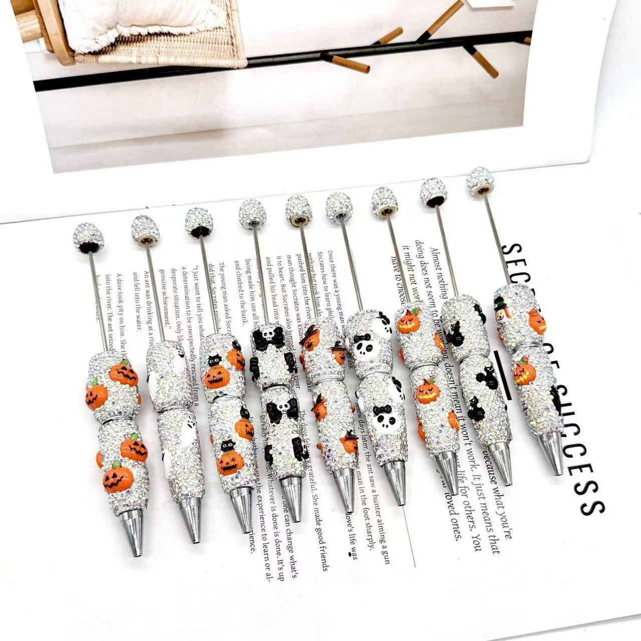 New DIY Halloween Full Rhinestone Beaded Pens, Trending International Market Mini Bead Pens, Evil Pumpkin Design Ballpoint / Gel Pens