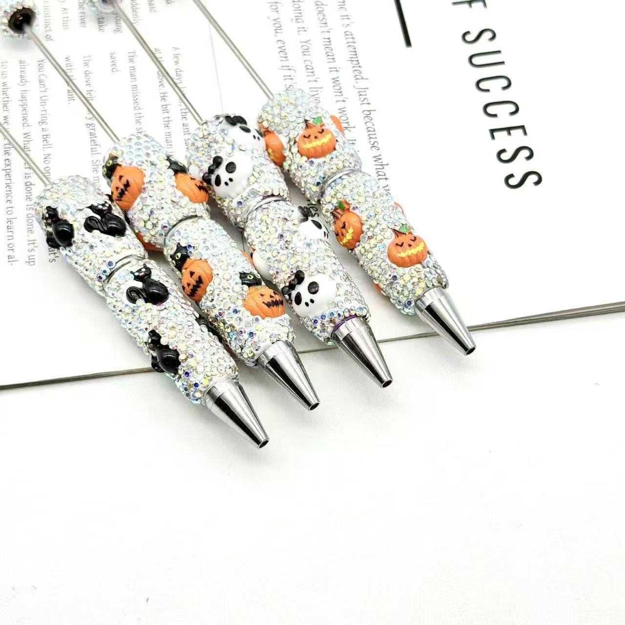 New DIY Halloween Full Rhinestone Beaded Pens, Trending International Market Mini Bead Pens, Evil Pumpkin Design Ballpoint / Gel Pens