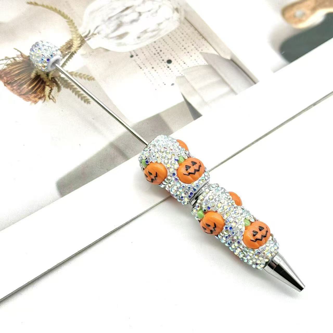 New DIY Halloween Full Rhinestone Beaded Pens, Trending International Market Mini Bead Pens, Evil Pumpkin Design Ballpoint / Gel Pens