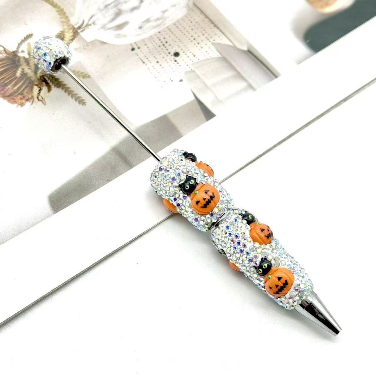 New DIY Halloween Full Rhinestone Beaded Pens, Trending International Market Mini Bead Pens, Evil Pumpkin Design Ballpoint / Gel Pens