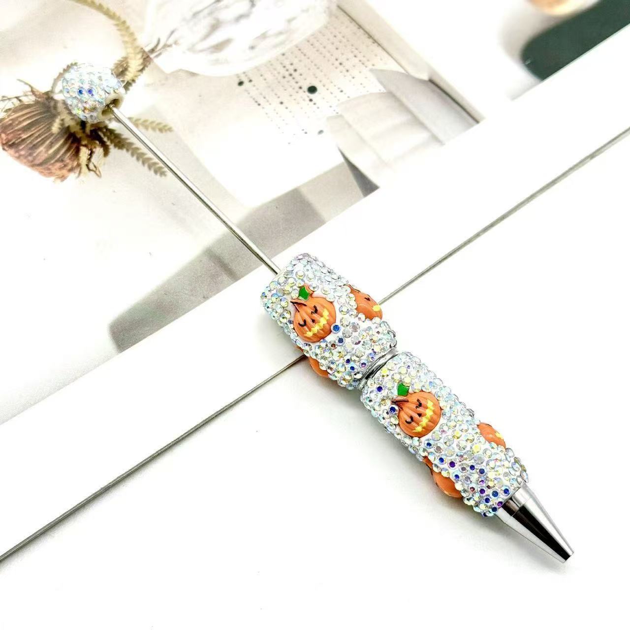 New DIY Halloween Full Rhinestone Beaded Pens, Trending International Market Mini Bead Pens, Evil Pumpkin Design Ballpoint / Gel Pens