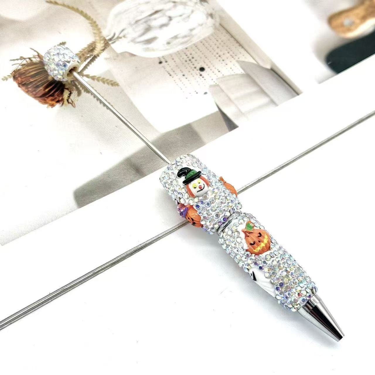 New DIY Halloween Full Rhinestone Beaded Pens, Trending International Market Mini Bead Pens, Evil Pumpkin Design Ballpoint / Gel Pens