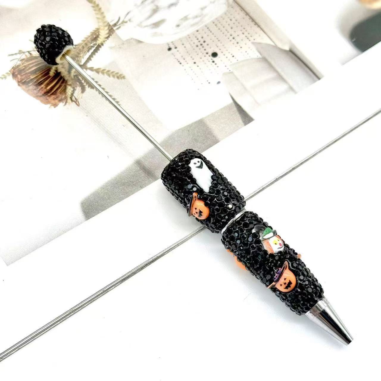 New DIY Halloween Full Rhinestone Beaded Pens, Trending International Market Mini Bead Pens, Evil Pumpkin Design Ballpoint / Gel Pens